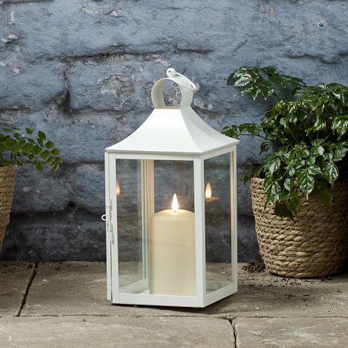 Lights4fun Lanterne en Métal Blanc de 34 cm avec Bougie LED TruGlow® avec Minuterie pour Jardin Extérieur