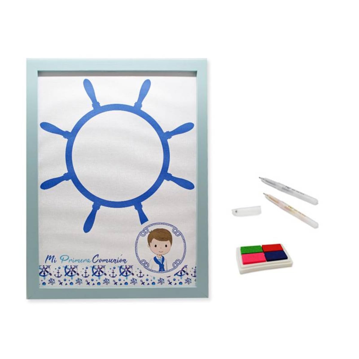 Original Marco Lienzo de Huellas para Comuniones "Niño-Timón" con Tintas. Recuerdos. Decoración. Regalos Originales. Detalles de Bodas, Comuniones, Bautizos, Cumpleaños.DK