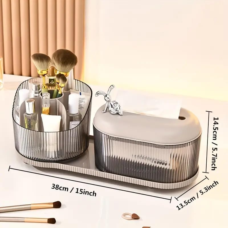 AMPLIN Modern Vanity Organizer Set with Tissue Box, Ribbed Glass Storage Container, Grey, 38x13.5x14.5cm, for Bathroom Countertop, Makeup Storage 3