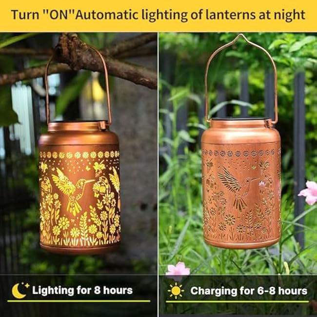 Hummingbird Solar Lanterns Outdoor Waterproof,Hummingbird Garden Decor Birthday Gifts for Women Men Mom Hanging Solar Lights Metal Decoration Outside for Yard,Patio,Backyard,Porch,Tabletop
