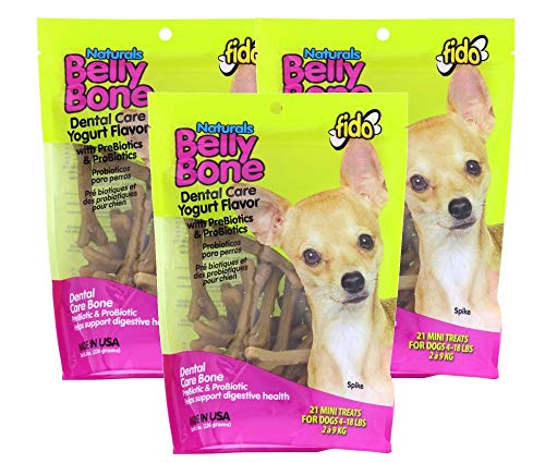 Fido Belly Bones for Dogs, Yogurt Flavored Mini Dog Dental Treats - 21 Treats Per Pack (3 Pack) - for Small Dogs (Made in USA) - Plaque and Tartar Control for Fresh Breath, Digestive Health Support