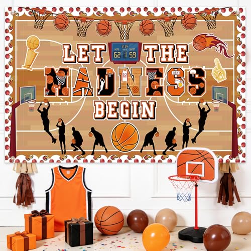 AIBIIN Basketball Theme Backdrop March Madness Party Decorations Banner Let The Madness Begin Banner for Basketball Theme Party Supplies 70.8 x 43.3 Inch