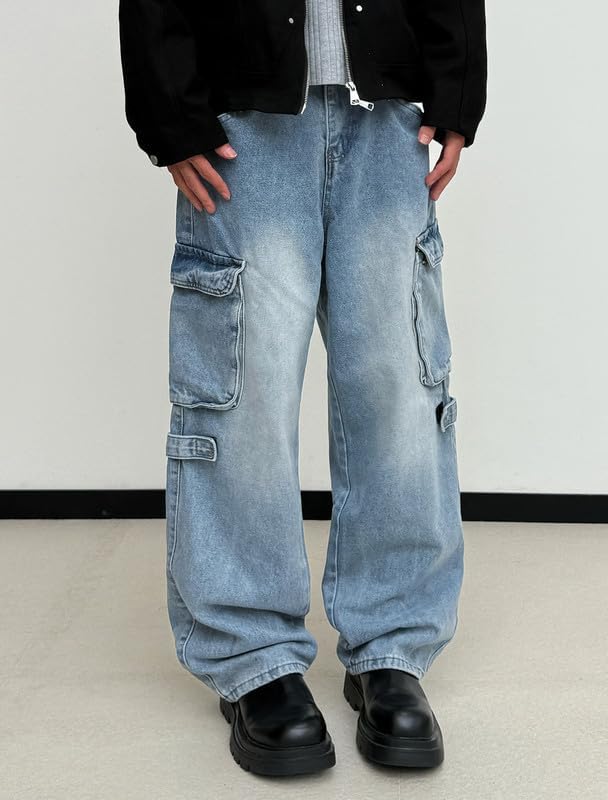 LOGEQI Mens Baggy Cargo Jeans Wide Leg Hip Hop Jeans Streetwear Loose Fit Denim Pants - Image 4