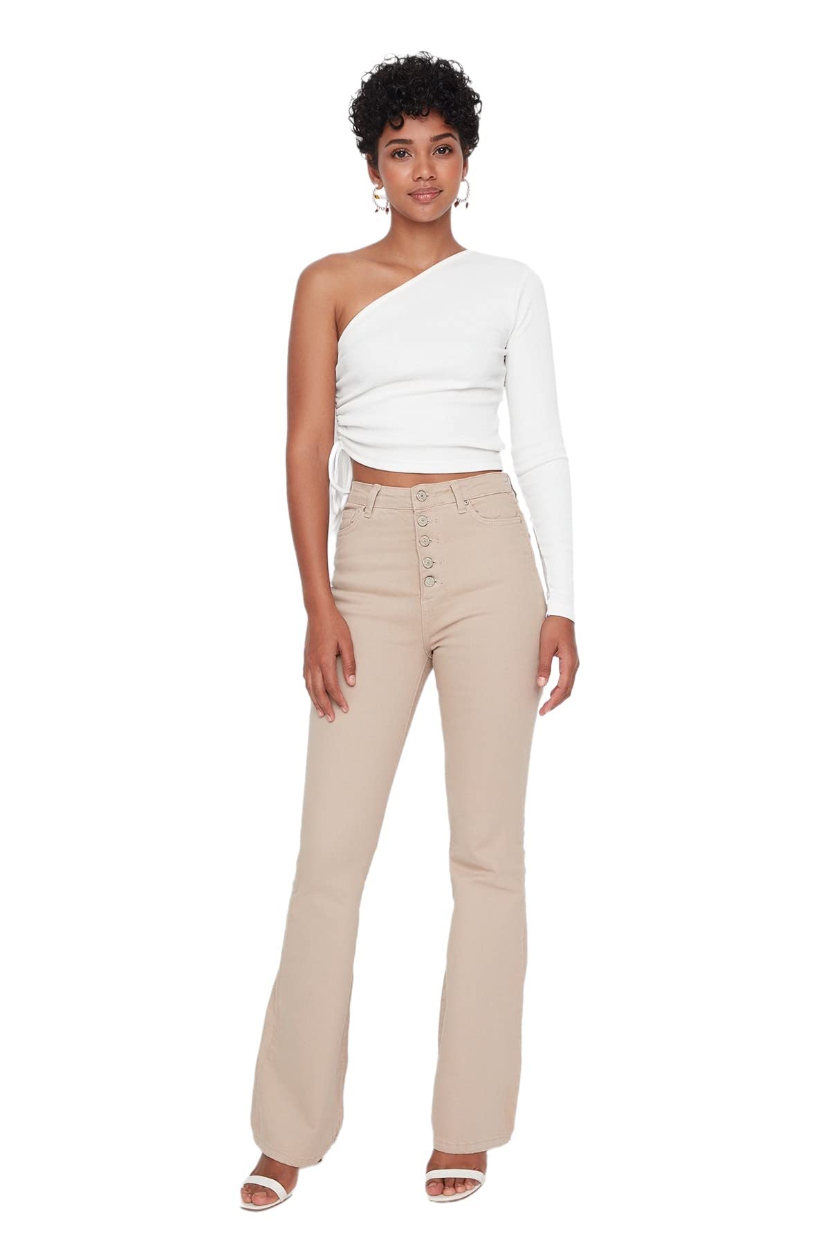 Trendyol Women's Ecru High Waist Wide Leg Flare Jeans Size 34