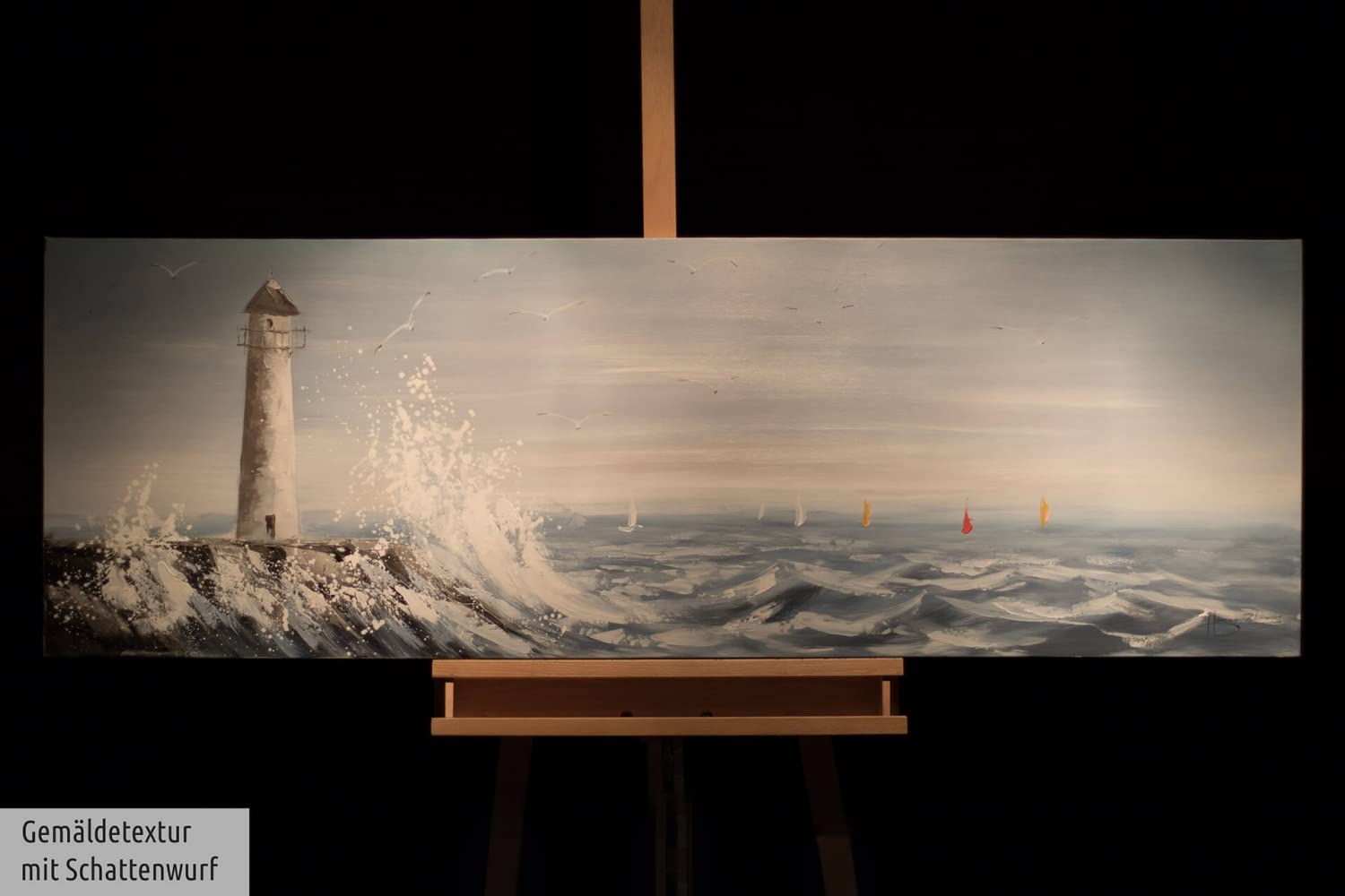 KunstLoft Tableau peinture moderne | 100% PEINT À LA MAIN | 150x50cm | Peinture sur toile 'Phare en vue' | Phare | Bleu Blanc | Deco murale salon