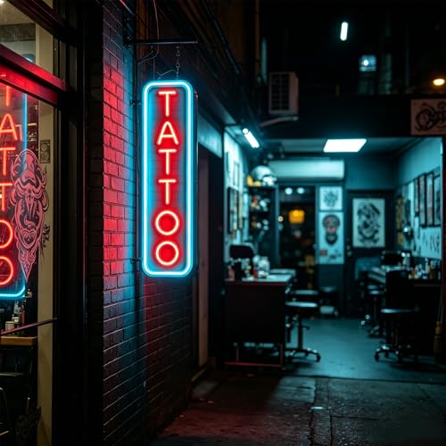 Image of Dimmable Tattoo Neon Sign,LED Reusable Neon Signs,Arylic Ice Blue Tattoo Shop Sign with Dimmer for Tattoo Salon, Studio, Shop Plaque,Tattoo Gifts for Friends,16x5.9in(Ice Blue+Red)