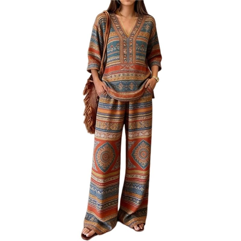 Ensemble 2 pièces femme boho avec t-shirt col V et pantalon large imprimé aztèque
