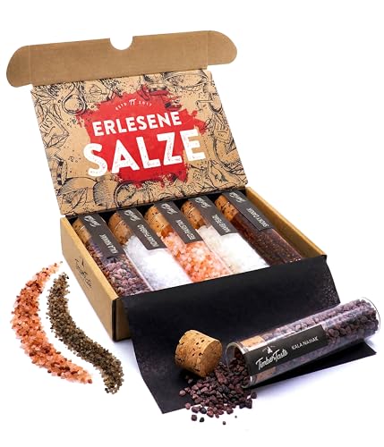 TIMBER TASTE Salz Geschenkset Premium - 5 Gourmet Salze Kala Namak Pyramidensalz Steinsalz Rauchsalz Meersalz | Speisesalz Männergeschenke Feinkost | Gewürze Set Geschenkbox - Geschenke für Männer