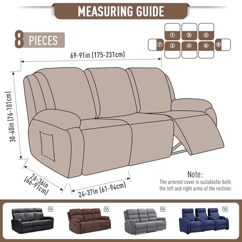 Image of TAOCOCO Recliner Sofa Covers 8-Pieces Stretch Large Couch Covers for 3 Seats Reclining Slipcovers Soft Jacquard Pattern Furniture Protector (Khaki)