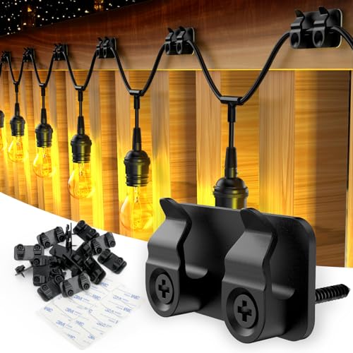 FALDAA Outdoor Light Clips, 50Pcs Black Clips with Waterproof Adhesive Strips, Heavy Duty Hook with Screws for Hanging Outdoor Wedding Patio LED