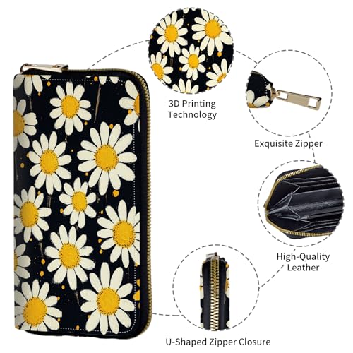 Women's Wallets,PU Leather Wristlet Wallet for Women,Card Holder Organizer Ladies Clutch with Zipper & Phone Holder-White Daisies4
