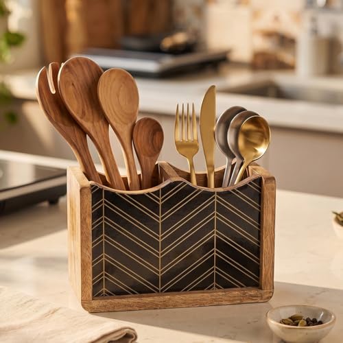 Image of The Earth Store Wooden Chevrona Cutlery Holder 2 Division | 6 Inch Black & Brown Cutlery Organizer | Spoon & Utensil Holder for Kitchen Counter, Dining Table & Table Top Use