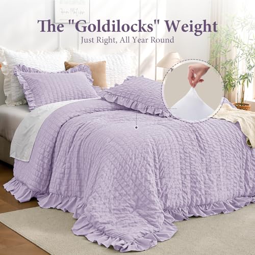 Image of JOLLYVOGUE Lavender King Comforter Set, 3 Pieces Seersucker Comforters King Size, Lightweight & Fluffy Bedding Sets King for All Season with 1 Ruffle Comforter and 2 Ruffle Pillowshams