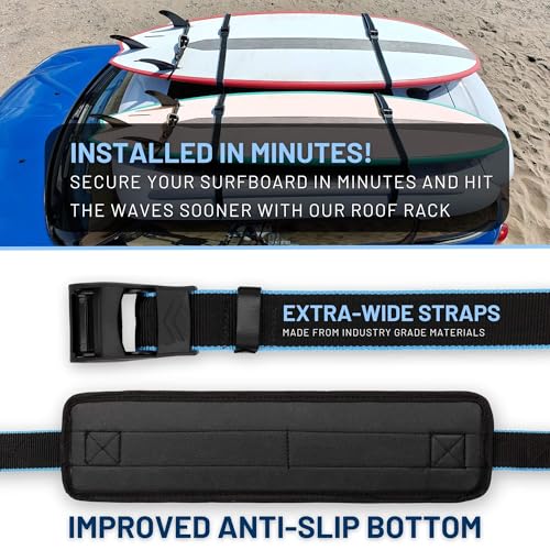 Image of Hang 11 Surfboard Car Rack - Soft Padded Surfboard Roof Rack (Double) | Carries up to 6 Surfboards, Fits Most Vehicles Without Crossbars, Extra-Wide 1.5 inch Straps, Surfboard Rack for Car