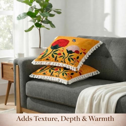 Image of STITCHNEST 'Little Meadow Series' Tassled Cushion Cover | Set of 2 | Floral Cushion Cover 16 inch x 16 inch