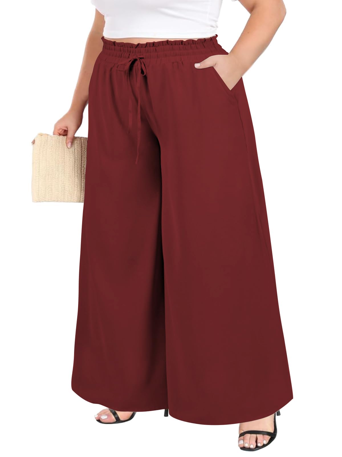 Moon Wood Damen Weite Stoffhose mit Taschen Sommer Lose Palazzo Hosen Hohe Taille Lounge Elegante Hose Große Größen