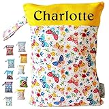 In Deutschland mit Namen personalisierte Wetbag Nasstasche mit 2 separaten Fächern, als Windelbeutel, im Kindergarten oder unterwegs (Schmetterlinge)