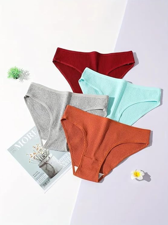 Image of Culture FlossyPack of 5pcs Solid Ribbed Bikini Panties, Comfy & Breathable Stretchy Intimates Panties, Women's Lingerie & Underwear