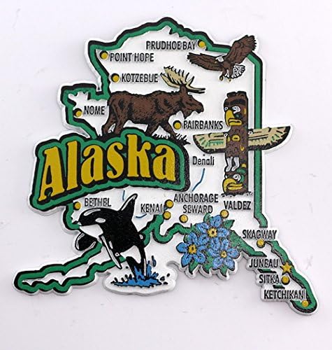 Imán de recuerdo coleccionable de mapa y lugares de interés del estado de Alaska FMC