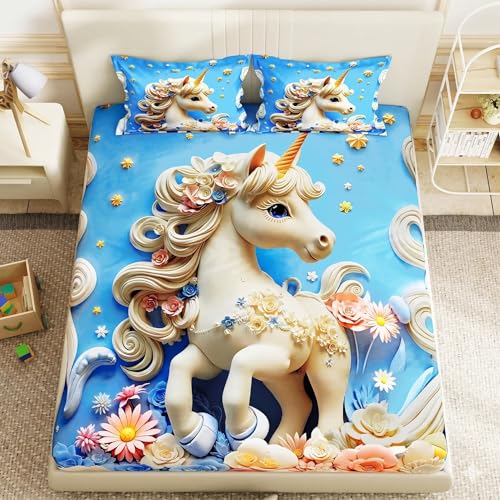 Image of Filymore 7D Bedsheet for Kids Cute Print Super King Size Bedsheet Set for Double Bed with 2 Pillow Covers 300 TC Microfiber Wrinkle Free Size (108x108 Inches)(SkyBlue and White)