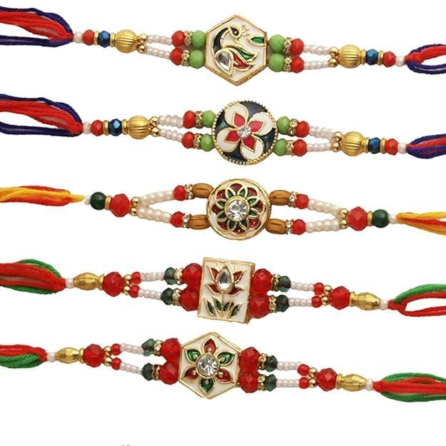 TIED RIBBONS Rakhi for Brother Combo - Kundan Rakhi Set of 5 for Brother Bhaiya Bhabhi Kids Boys Men Bhai with Greeting Card and Tikka - Rakhi for Rakshabandhan (B0D6GC72FN) Amazon Price History, Amazon Price Tracker