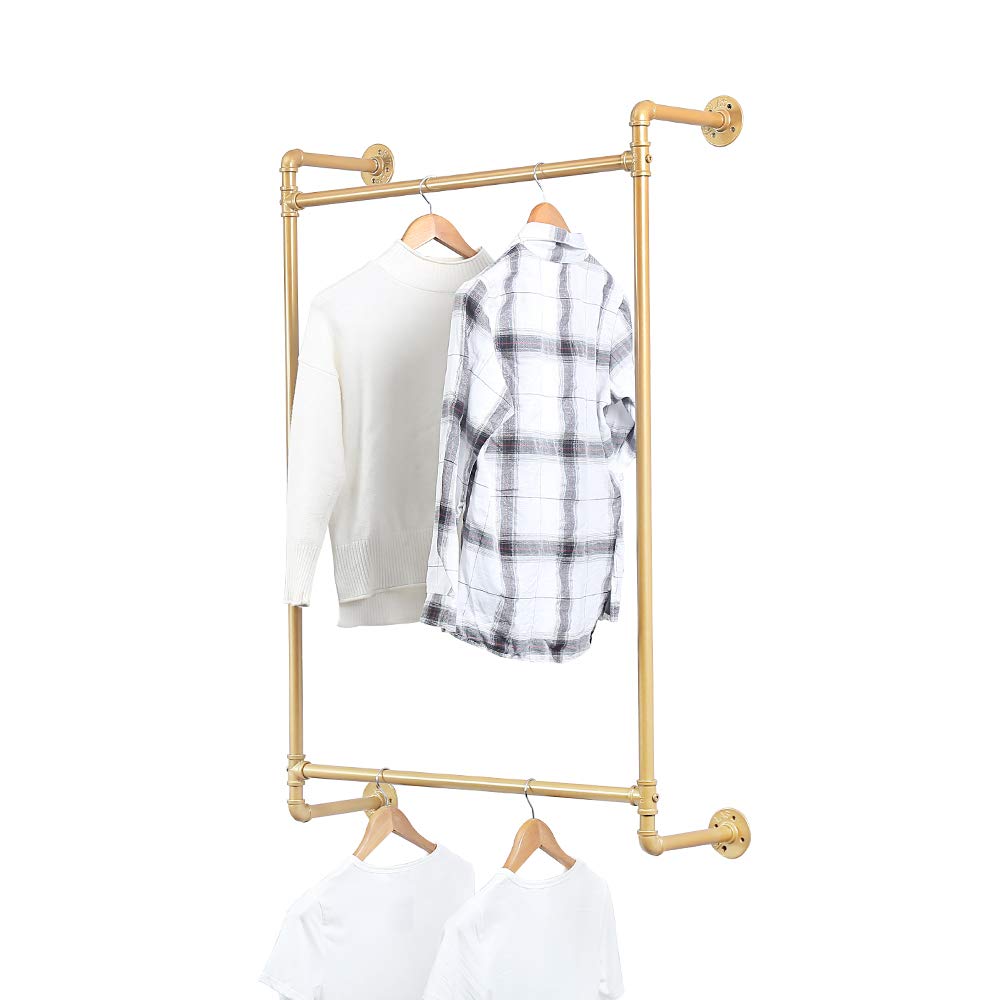 Industrial Pipe Clothing Rack Wall Mounted,Retail Display Rack Cloths Rack,Metal Clothes Racks for Hanging Clothes,Iron Clothing Rod(31.5in,Gold)