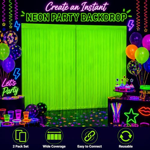 Image of 2 Pack Glow in The Dark Curtains Party Supplies 6.6 x 3.3 Ft Glow Tinsel Foil Fringe Curtains Photo Booth Prop Backdrop Streamer for Birthday Holiday Neon Party Decorations