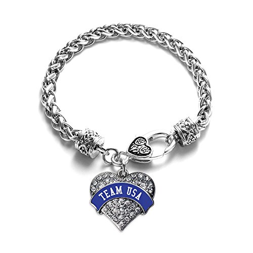 Inspired Silver - Team USA - Blue Banner - Silver Braided Bracelet for Women - Pave Heart Charm Bracelet Jewelry Gift with Cubic Zirconia - Women's Charm Bracelet with Lobster Claw Clasp