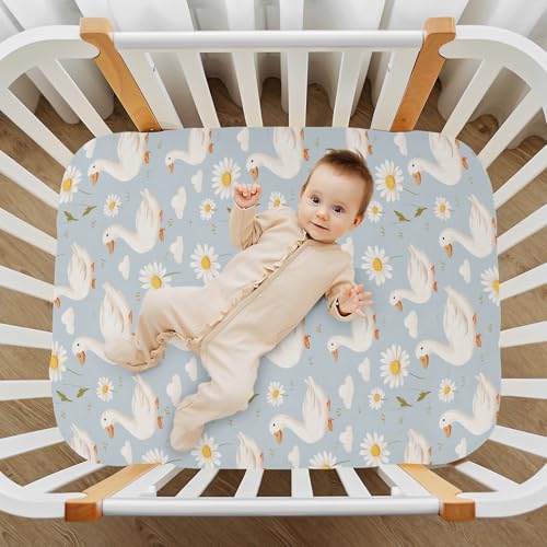 Image of Baby Crib Sheet Cute Goose Flowers Crib Mattress for Boys and Girls Playard Sheet Soft Breathable Fitted Baby Mattress Cover 52x28in