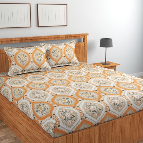 Image of Jashan Premium Cotton Elastic Fitted Bedsheets with 2 King Size Pillow Covers | Double Bed with All Around Elastic 220 TC Supersoft |Size-72 King Sizex78+10 inches | 5D Pattren, Beige Teal & Pink