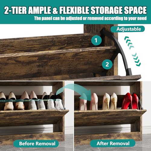 Image of Xixini Shoe Storage Cabinet for Entryway with 3 Flip Drawers, Sturdy Wood Hidden Shoe Storage, Freestanding Narrow Slim Shoe Organizer for Front Door Entrance, Living Room, Hallway, Bedroom, Brown