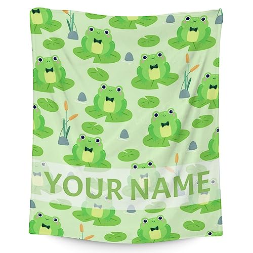Personalized Frog Blanket Gifts with Name - 60x80 Inches Cute Throw for Girls & Boys - Green Soft Fuzzy Blankets for Bed, Couch & Living Room