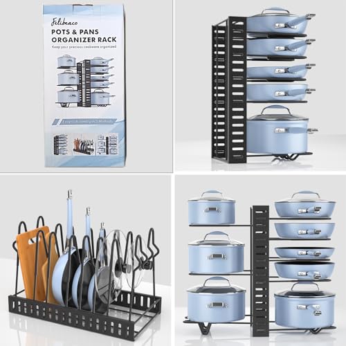 Felibeaco-Adjustable-Pots-and-Pans-Organizer-Rack-for-Cabinet-Metal-Pans-Pots-Lids-Storage-Holder-Rack-with-3-DIY-Methods-for-Kitchen-CounterBlack