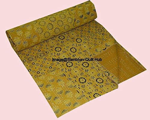 Yellow Path Quilting Hippie Kantha Ajarkh Hippie Handmade Queen Size Kantha Bedspread Ajrakh Reversible Hand Stitched Cotton Kantha Quilts Bohemian Floral Kantha Twin/Queen (60X90 inch)