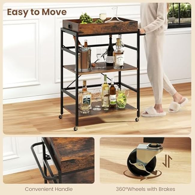 Small Kitchen Cart, 3 Tier Rolling Cart with Removable Tray & Handle Rack, Wood Kitchen Storage Islands & Carts with Metal Frame, Industrial Kitchen Utility Cart for Patio, Restaurant, Hotel-eAK573FI