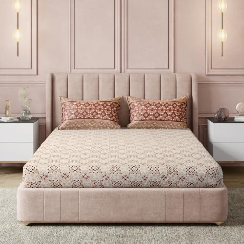 Image of Amazon Basics - 100% Cotton Fitted Bedsheet | 144TC |Fitted King Bed Sheet with 2 Pillow Cover|Soft Cotton | Floral Print | 78 Inch x 72 Inch - 8 Inch Drop, Brown