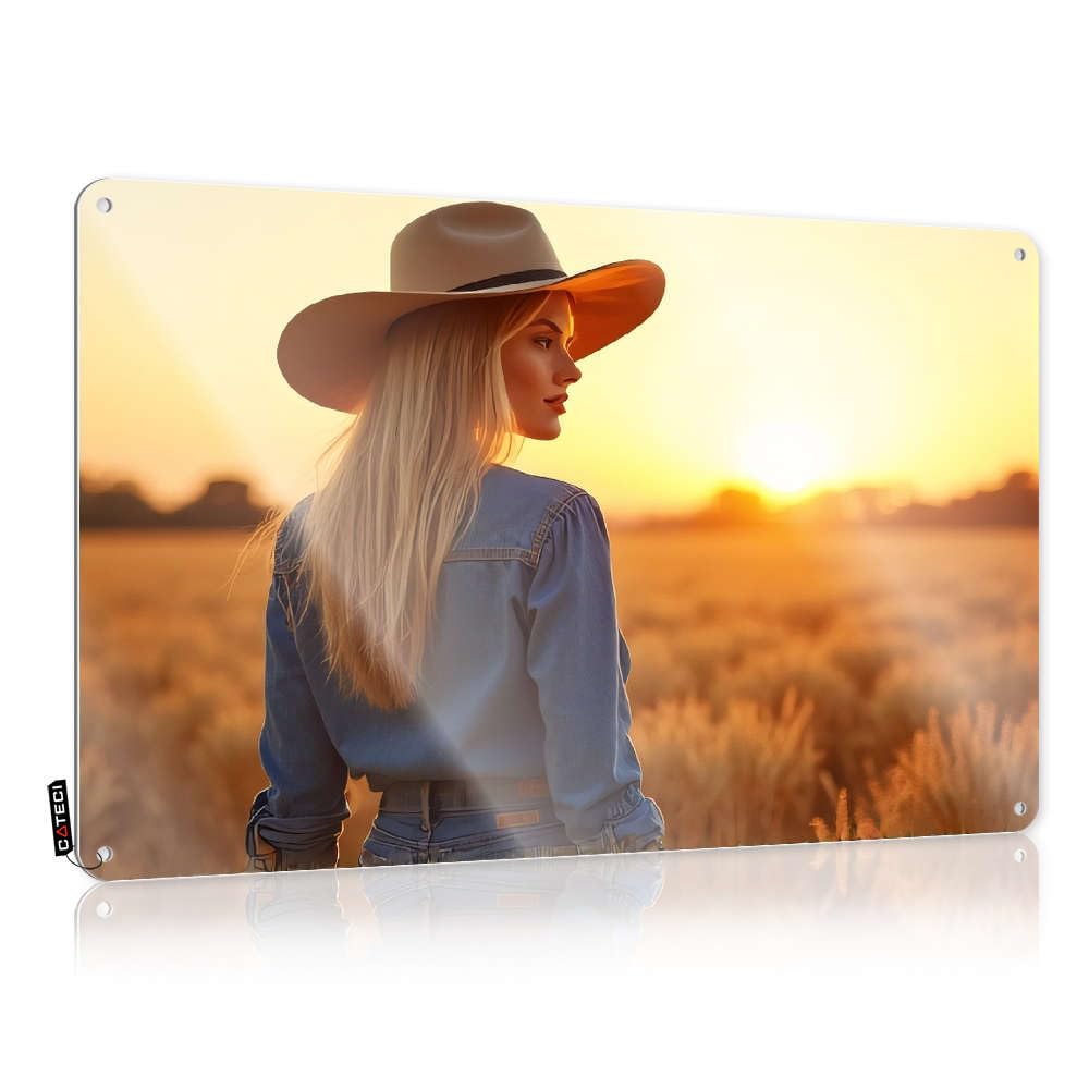 Print Cool Tin Wall Decor - Woman In Cowboy Hat Standing In Wheat Field At Sunset. Rustic Wall Art Personalized Easy Hang For Outdoor(30X40CM)