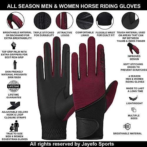 Jayefo Men & Women Horse Riding Gloves Riding Equestrian Horseback Outdoor Sports Driving Riding Bike Workout Gardening (Burgundy, Medium) - Thumbnail 2