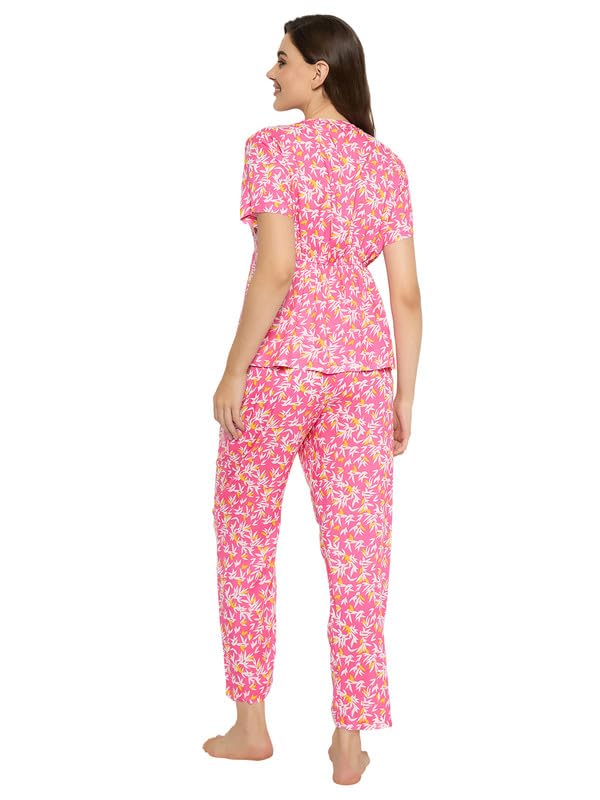 Image of Clovia Women's Rayon Printed Top & Pyjama Set- Pink