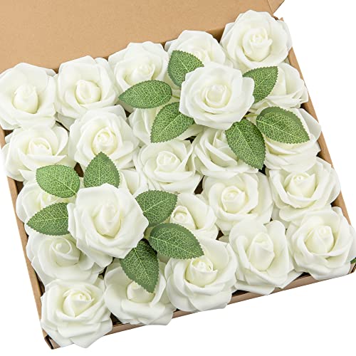 DuHouse 25Pcs Artificial Roses Flowers Fake Rose with Stems Real Touch Foam Flower Head for DIY Wedding Bridal Bouquet Baby Shower Centerpiece Floral Arrangement Party Home Decor(Cream)
