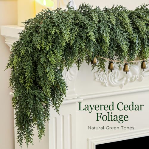 1Pcs 9Ft Real Touch Christmas Cedar Garland, Realistic Full Cedar Garland, Green Artificial Pine Needles Garlands for Mantel, Fireplace, Stairs Railing, Tables, Christmas Decorations - image 3