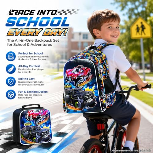 Image of HPJGD 3PCS Truck Backpack for Boys, Water Resistant Kids Bookbag Set with Lunch Box, Cool School Bag for Preschool Toddler - Teeth Truck