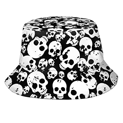 Skull Black and White Bucket Hat Sun Beach Packable Fisherman Cap for Women Men Summer Outdoor Hiking