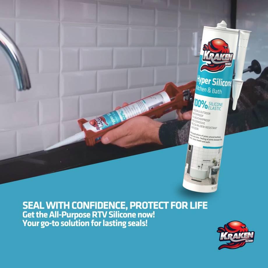 Miniatura 5 de Kraken Bond Sellador de silicona negro resistente al agua Cartucho de 100 a 10 onzas líquidas, RTV silicona para baño y cocina, todo uso, sellador