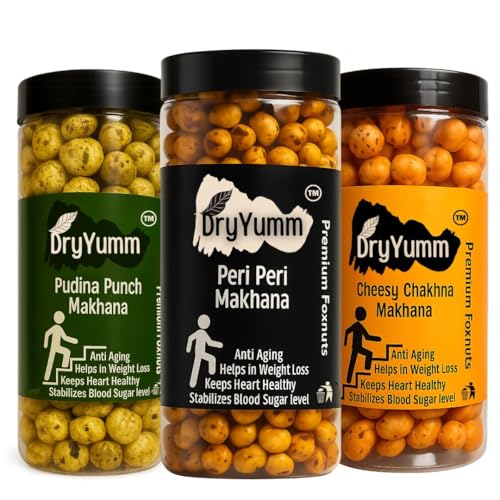 Image of DryYumm Makhana (Pack of 3) - Peri Peri, Cheesy Chakhna & Pudina Punch Flavors - 210g - Healthy Snack, Low-Calorie, Roasted Fox Nuts, Perfect for Guilt-Free Munching (70)