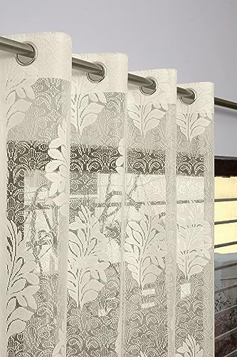 Image of Fabrilia Heavy Polyester Net Semi Transparent Fancy Grommet Curtains, Floral Design, Cream, Window- 5 Feet, Pack Of 2 Pcs | Semi-sheer