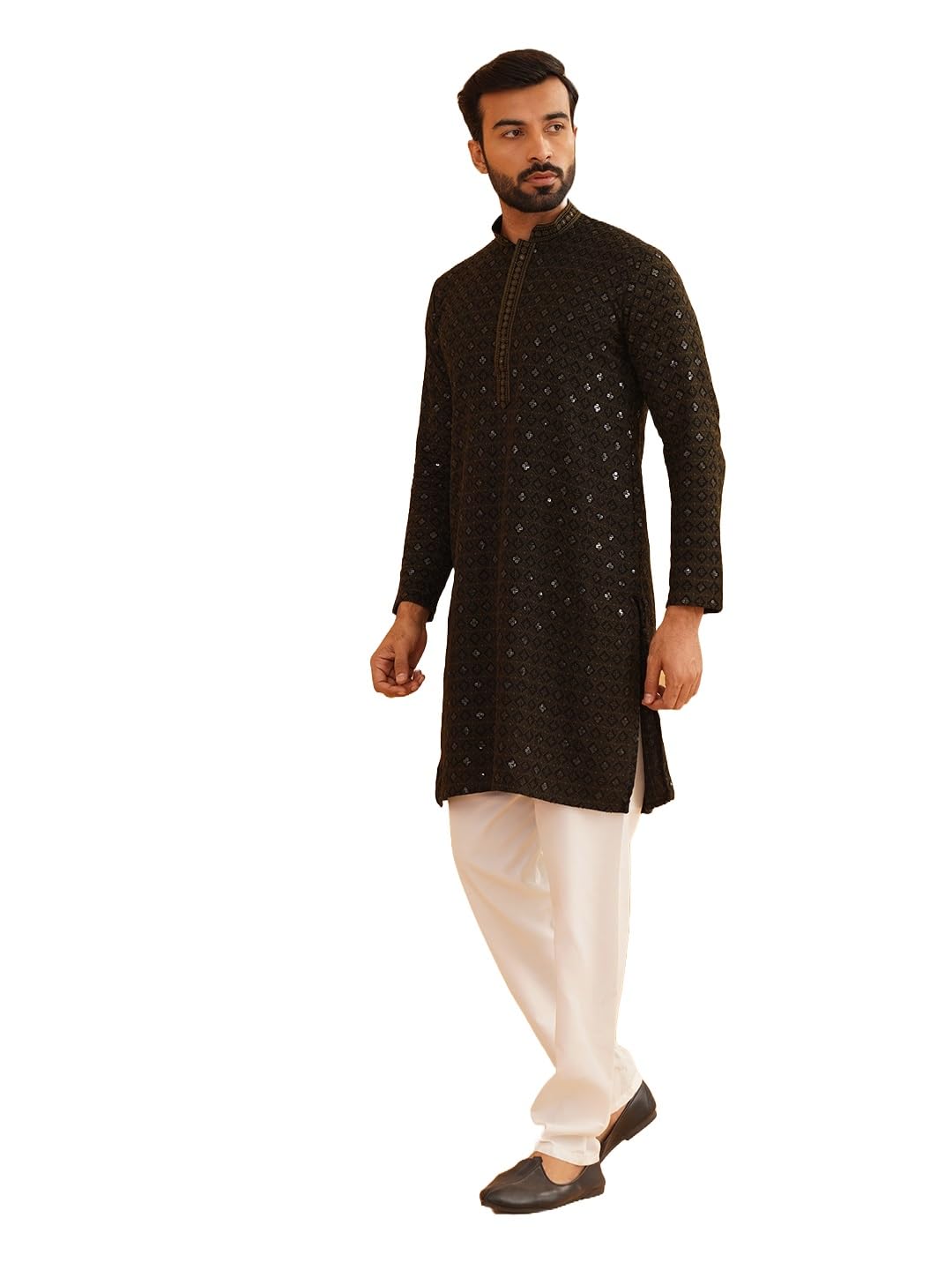 Sojanya (Since 1958 Men's Cotton Gold Embroidered Sequinned Mehndi Kurta With White Churidar Pyjama
