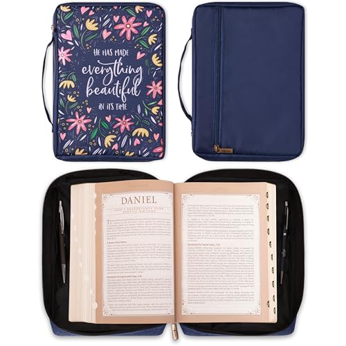Image of Christian Art Gifts Men /Women's Bible Cover Everything Beautiful Ecclesiastes 3:11, Blue Floral Canvas, Medium
