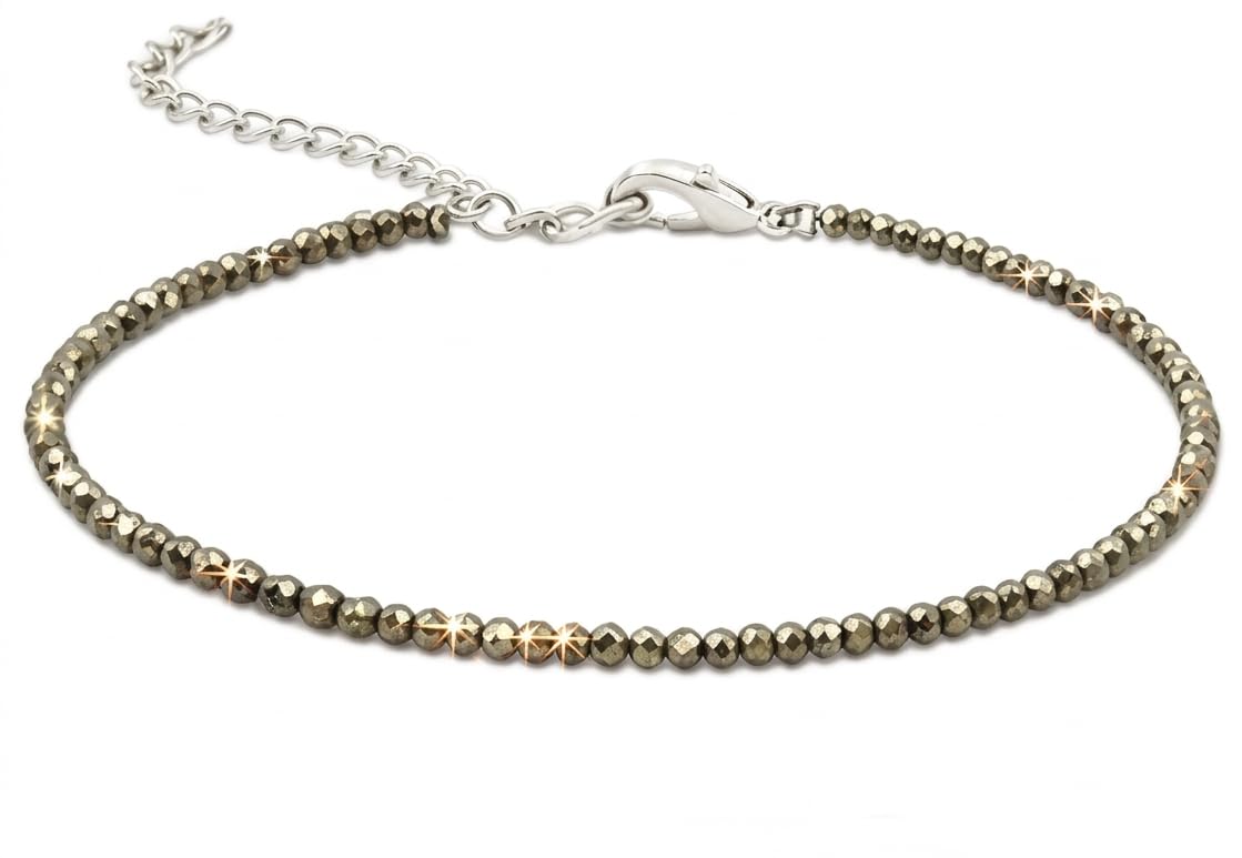 Pyrite Beaded Anklet for Women, Faceted Stone Beads with Adjustable Silver-Tone Chain Clasp-picture-14