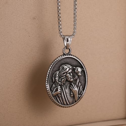 NIGHTCRUZ Jesus Shepherd Necklace, Oval Religious Medal Medallion Stainless Steel for Men Women4